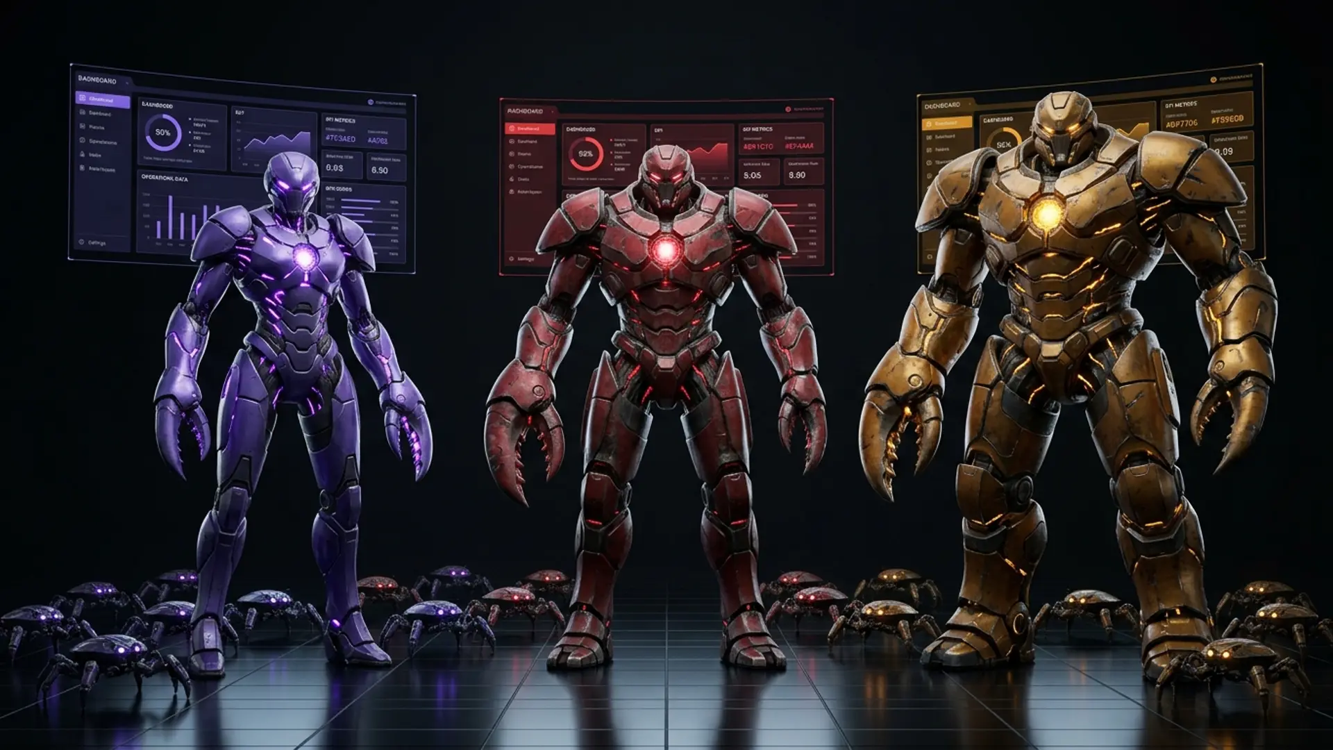 ClawRevOps three-tier hero — violet Assistant Claw, crimson Role Claw specialist, and gold C-Suite OpenClaw warrior in formation with a sub-agent drone swarm and holographic operational dashboards on a dark grid floor